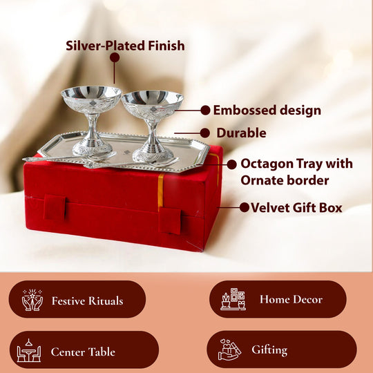 Silver Plated Designer Ice Cream Gift Set 2 Bowl with 2 Spoon & 1 Tray