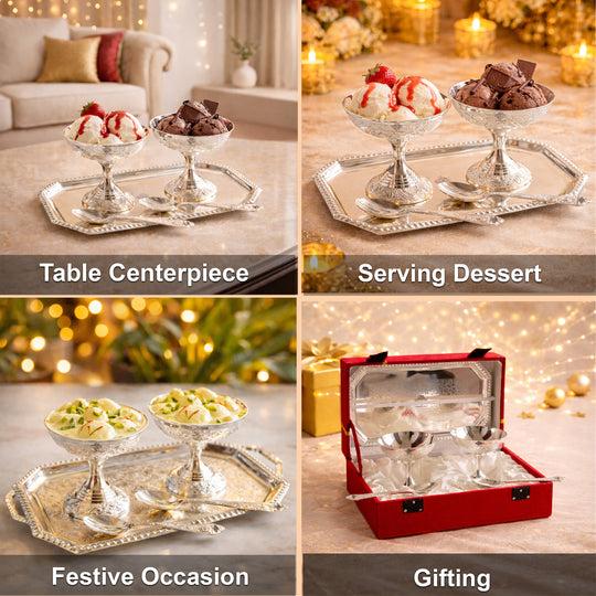 Silver Plated Designer Ice Cream Gift Set 2 Bowl with 2 Spoon & 1 Tray