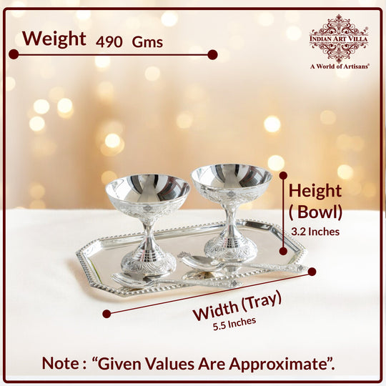 Silver Plated Designer Ice Cream Gift Set 2 Bowl with 2 Spoon & 1 Tray
