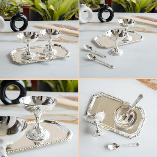 Silver Plated Designer Ice Cream Gift Set 2 Bowl with 2 Spoon & 1 Tray