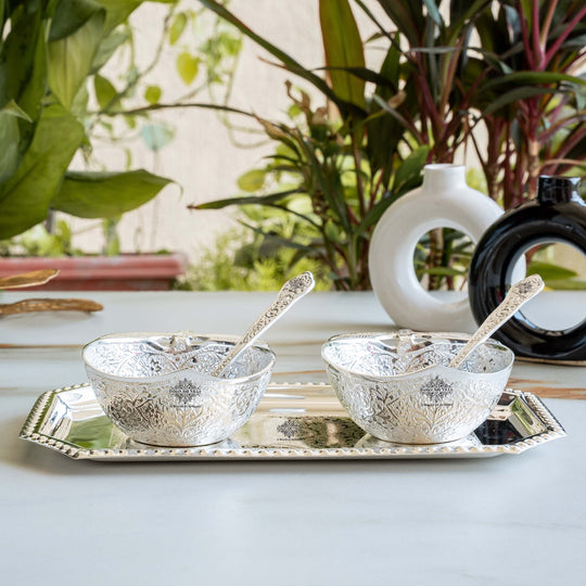 Pure Silver Plated Handmade  Mango Design Bowl with 2 Spoon & 1 Tray