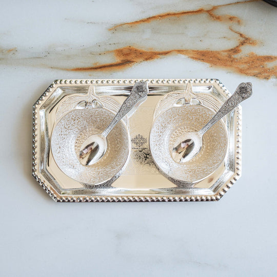 Pure Silver Plated Handmade  Mango Design Bowl with 2 Spoon & 1 Tray