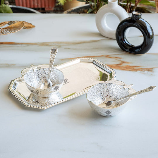 Pure Silver Plated Handmade  Mango Design Bowl with 2 Spoon & 1 Tray