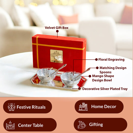 Pure Silver Plated Handmade  Mango Design Bowl with 2 Spoon & 1 Tray