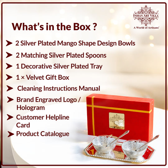 Pure Silver Plated Handmade  Mango Design Bowl with 2 Spoon & 1 Tray