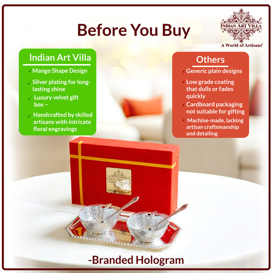 Pure Silver Plated Handmade  Mango Design Bowl with 2 Spoon & 1 Tray