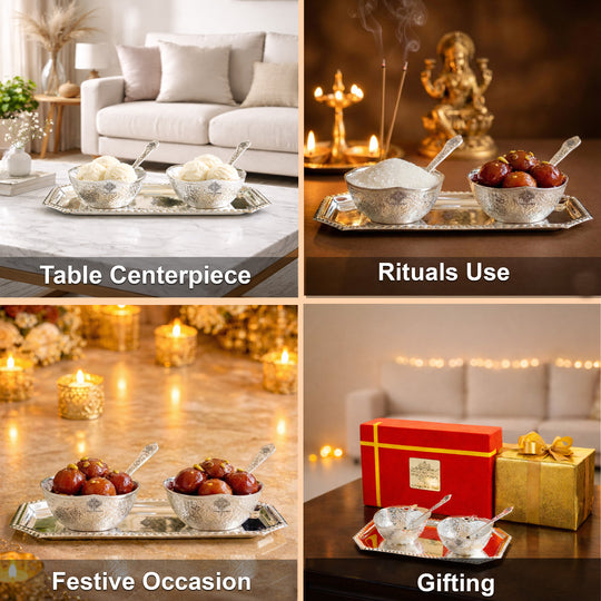 Pure Silver Plated Handmade  Mango Design Bowl with 2 Spoon & 1 Tray