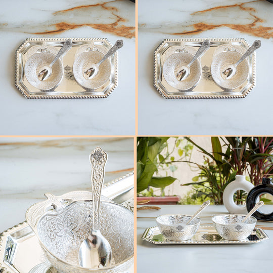Pure Silver Plated Handmade  Mango Design Bowl with 2 Spoon & 1 Tray
