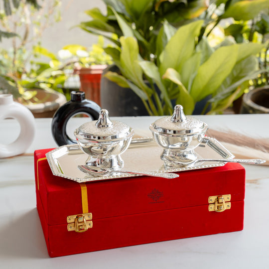 Silver Plated Set of 2 Beetel Bowl with 2 Spoon & 1 Tray