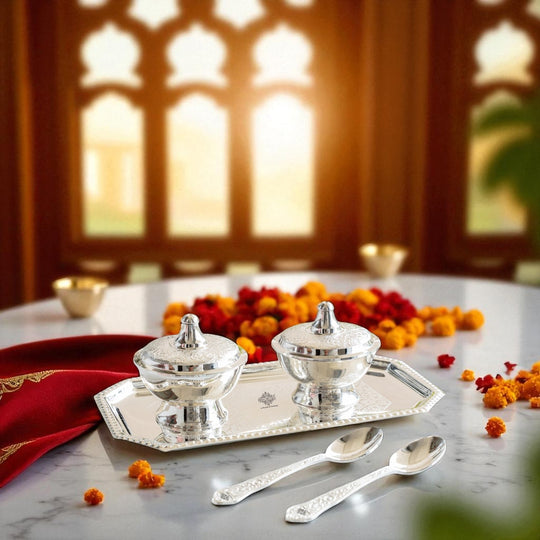 Silver Plated Set of 2 Beetel Bowl with 2 Spoon & 1 Tray