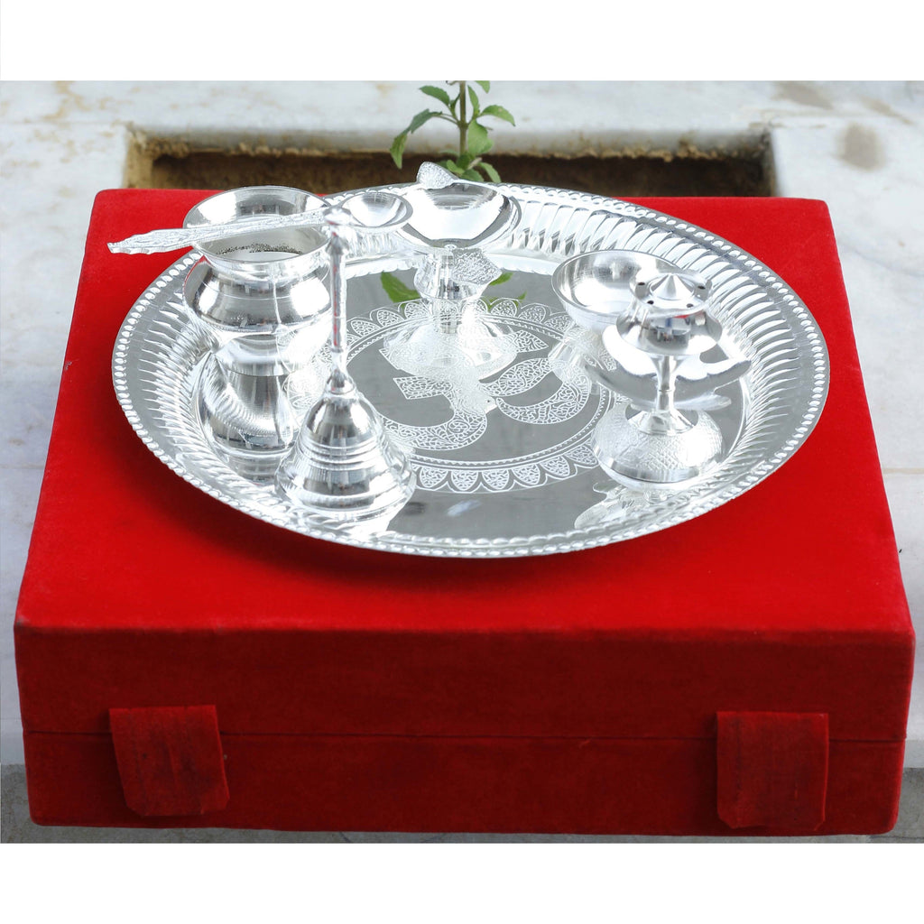 Indian Art Villa Silver Plated Designer Pooja Thali Set