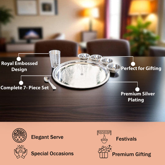 Handcrafted Silver Plated Embossed Design Dinner Set 7 Pieces