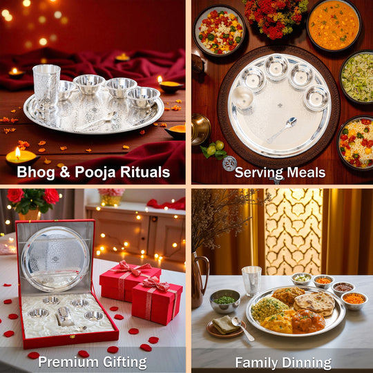 Handcrafted Silver Plated Embossed Design Dinner Set 7 Pieces