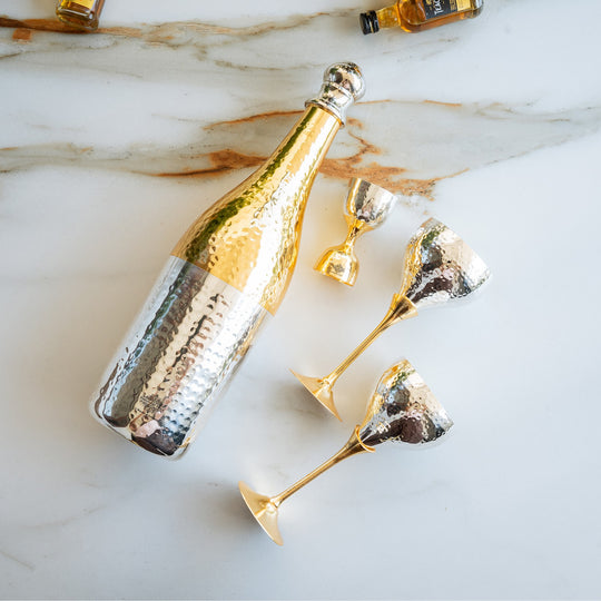 Silver & Gold Plated Champagne Bottle, 2 Wine Glass & Peg Measure, Barware Gift Set