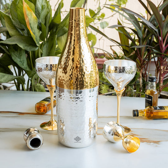 Silver & Gold Plated Champagne Bottle, 2 Wine Glass & Peg Measure, Barware Gift Set