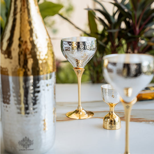 Silver & Gold Plated Champagne Bottle, 2 Wine Glass & Peg Measure, Barware Gift Set