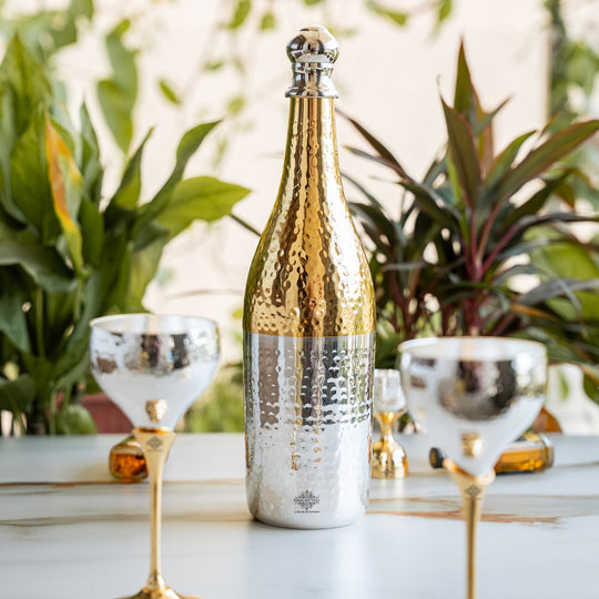 Silver & Gold Plated Champagne Bottle, 2 Wine Glass & Peg Measure, Barware Gift Set