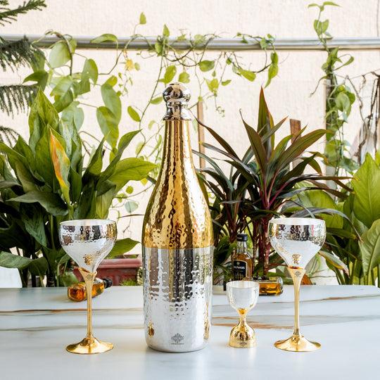 Silver & Gold Plated Champagne Bottle, 2 Wine Glass & Peg Measure, Barware Gift Set