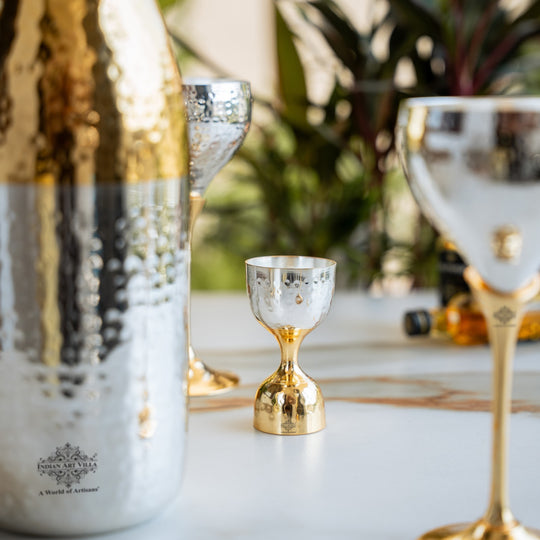 Silver & Gold Plated Champagne Bottle, 2 Wine Glass & Peg Measure, Barware Gift Set