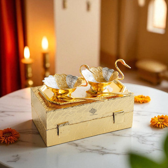 Silver Plated Duck Design Gift Set 2 Bowl, 2 Spoon & 1 Tray, 5 Pieces