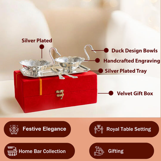 Silver Plated Duck Design Gift Set 2 Bowl, 2 Spoon & 1 Tray, 5 Pieces