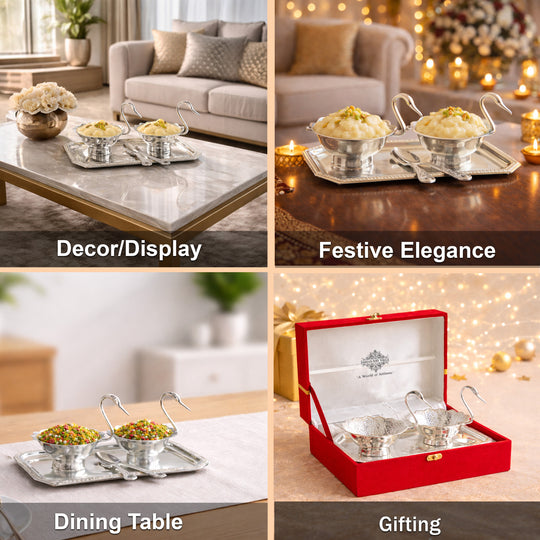 Silver Plated Duck Design Gift Set 2 Bowl, 2 Spoon & 1 Tray, 5 Pieces