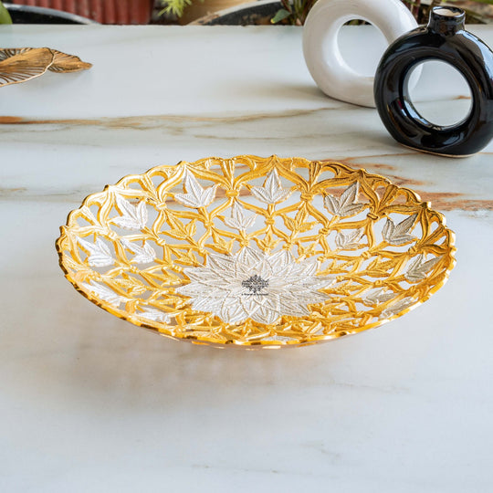 Handcrafted Pure Silver & Gold Plated Leaf Design Bowl, 25.40 CMS