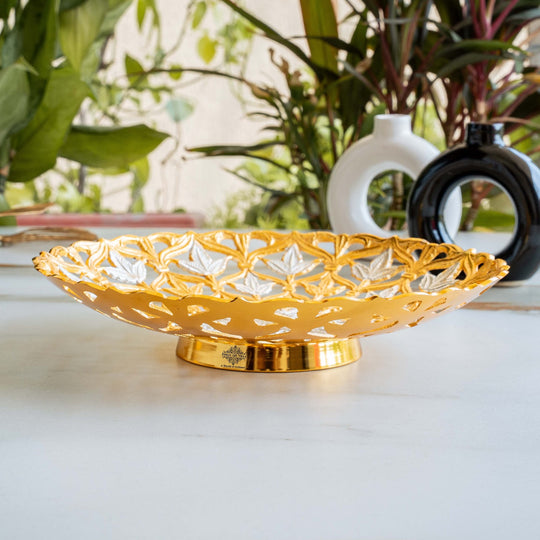 Handcrafted Pure Silver & Gold Plated Leaf Design Bowl, 25.40 CMS