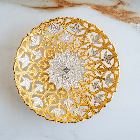 Handcrafted Pure Silver & Gold Plated Leaf Design Bowl, 25.40 CMS