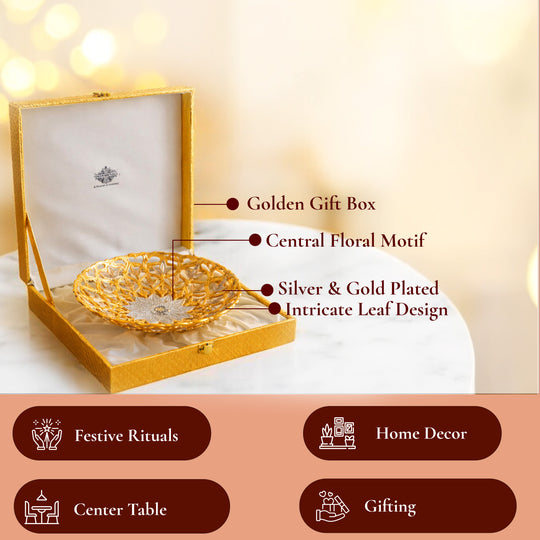 Handcrafted Pure Silver & Gold Plated Leaf Design Bowl, 25.40 CMS