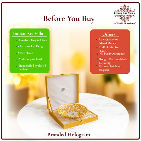 Handcrafted Pure Silver & Gold Plated Leaf Design Bowl, 25.40 CMS