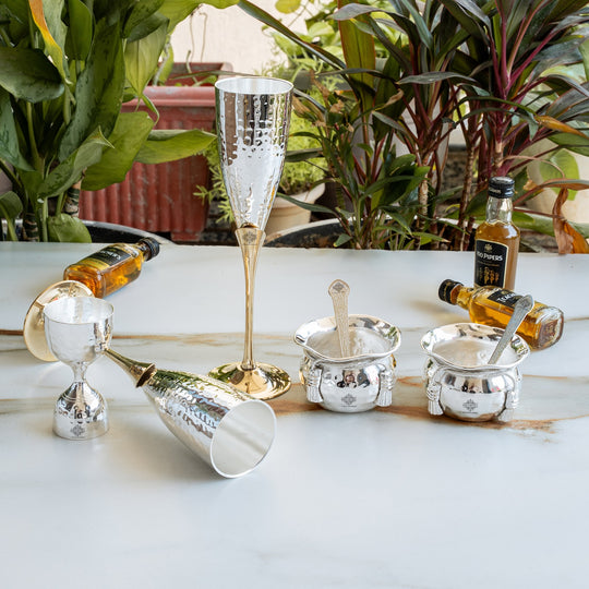 Silver & Gold Plated Champagne Glass, Silver 2 Bowl & Peg Measure, Gold Plated 2 Spoon