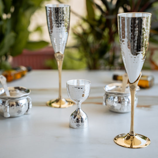 Silver & Gold Plated Champagne Glass, Silver 2 Bowl & Peg Measure, Gold Plated 2 Spoon