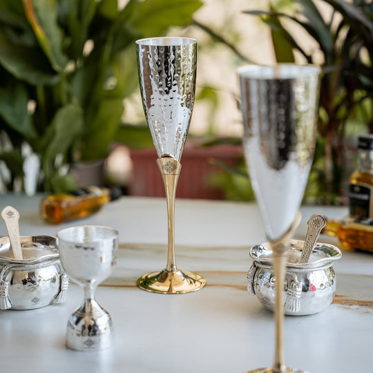 Silver & Gold Plated Champagne Glass, Silver 2 Bowl & Peg Measure, Gold Plated 2 Spoon