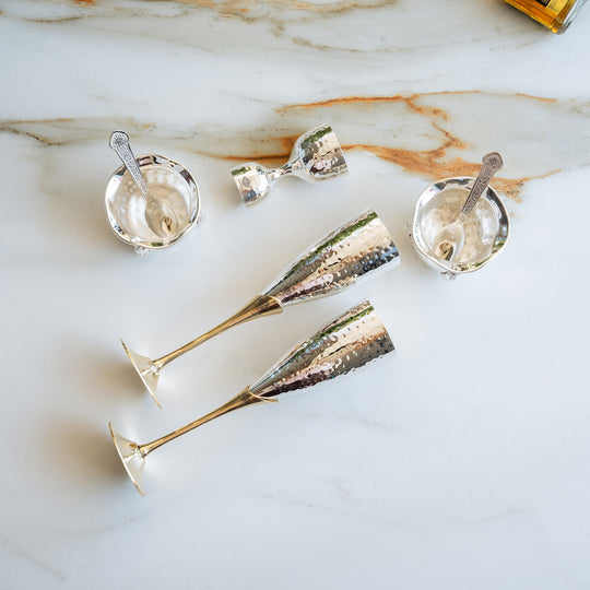 Silver & Gold Plated Champagne Glass, Silver 2 Bowl & Peg Measure, Gold Plated 2 Spoon