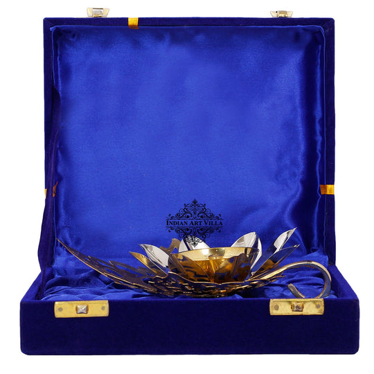 Silver Plated & Gold Polished Curved Leaf Design Akhand Diya With Red Box