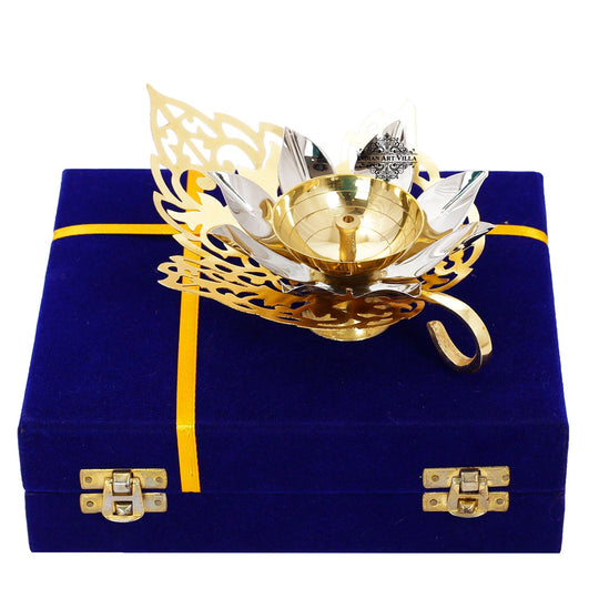 Silver Plated & Gold Polished Curved Leaf Design Akhand Diya With Red Box