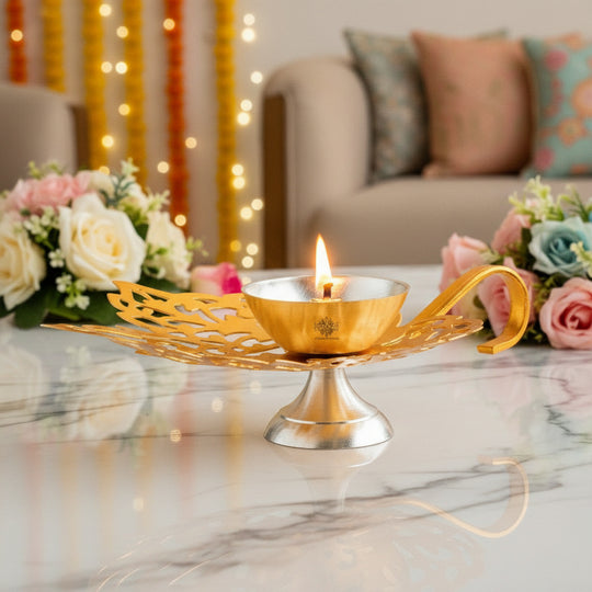 Silver Plated & Gold Finish Leaf Design Akhand Diya