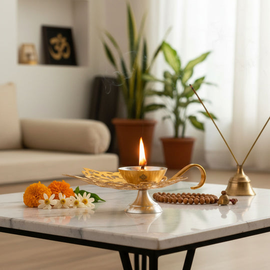 Silver Plated & Gold Finish Leaf Design Akhand Diya