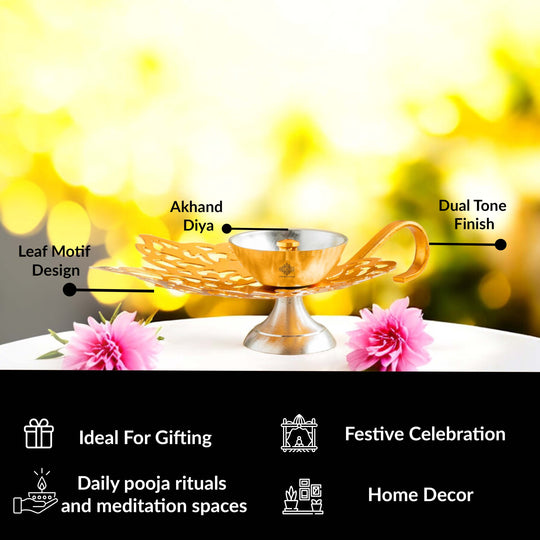 Silver Plated & Gold Finish Leaf Design Akhand Diya