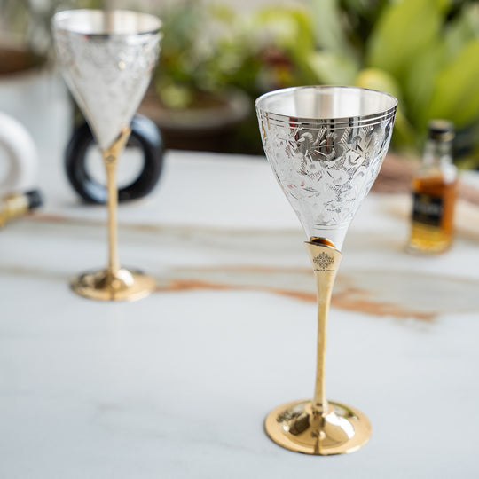 Set of 2 Silver Plated & Brass Champagne Engraved Wine Glass With Red Box