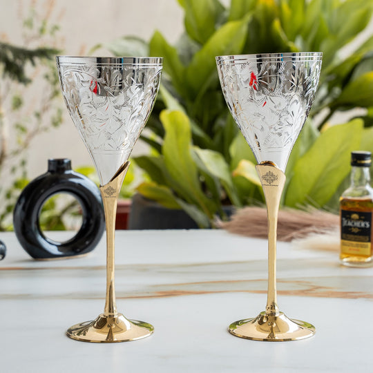 Set of 2 Silver Plated & Brass Champagne Engraved Wine Glass With Red Box