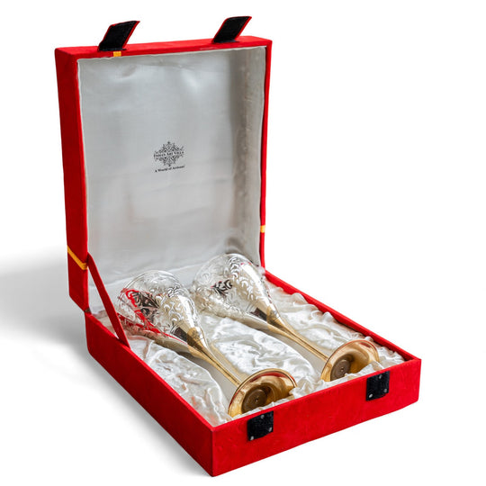 Set of 2 Silver Plated & Brass Champagne Engraved Wine Glass With Red Box