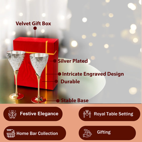 Set of 2 Silver Plated & Brass Champagne Engraved Wine Glass With Red Box