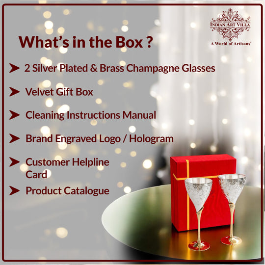 Set of 2 Silver Plated & Brass Champagne Engraved Wine Glass With Red Box