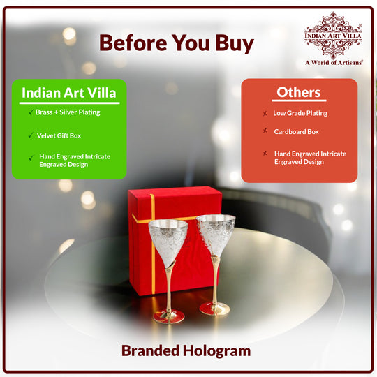 Set of 2 Silver Plated & Brass Champagne Engraved Wine Glass With Red Box