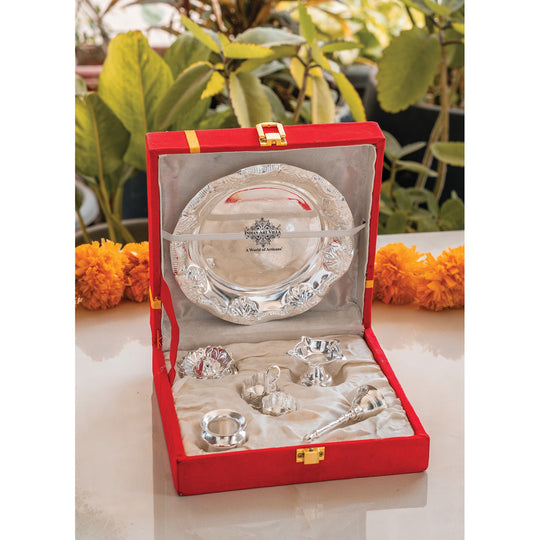Silver-Plated Pooja Thali Set – Elegant Floral Design with 6 Traditional Components