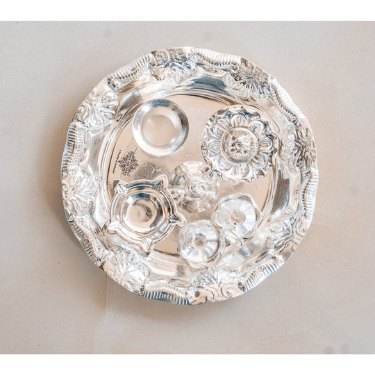 Silver-Plated Pooja Thali Set – Elegant Floral Design with 6 Traditional Components