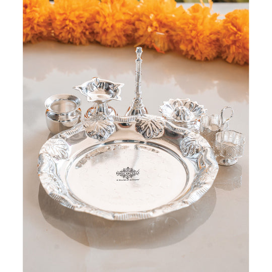 Silver-Plated Pooja Thali Set – Elegant Floral Design with 6 Traditional Components