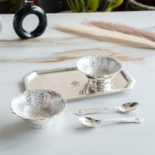 Silver Plated Set of 2 Curved Bowl with 2 Spoon & 1 Tray